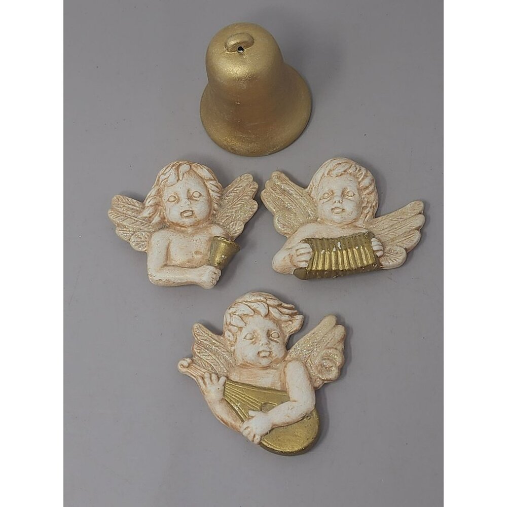 Set Of 3 Angel Figurines With Golden Bell Holder Wall Decor